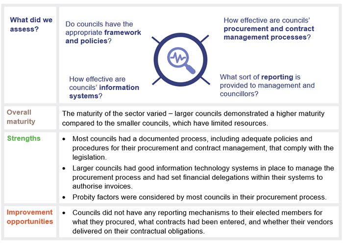 Local government 2022_Figure 3E: What did we assess? (Do councils have the appropriate framework and policies? How effective are councils' information systems? How effective are councils' procurement and contract management processes? What sort of reporting is provided to management and councillors?). Overall maturity (The maturity of the sector varied – larger councils demonstrated a higher maturity compared to smaller councils, which have limited resources.). Strengths (Most councils had a documented proc